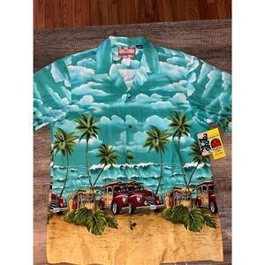 NWT Men’s RJC Hawaiian Shirt Large Blue Beach Made in Hawaii